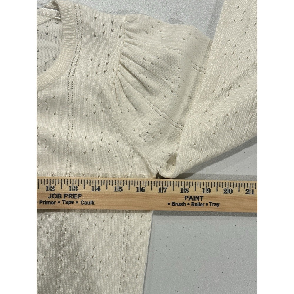 Womens Square Neck Long Puff Sleeve Pointelle Sweater Cream Size Small Casual - Picture 9 of 10
